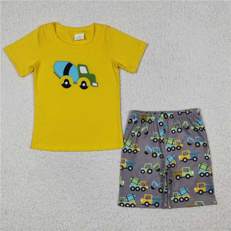 embroidered construction vehicle boys summer sets