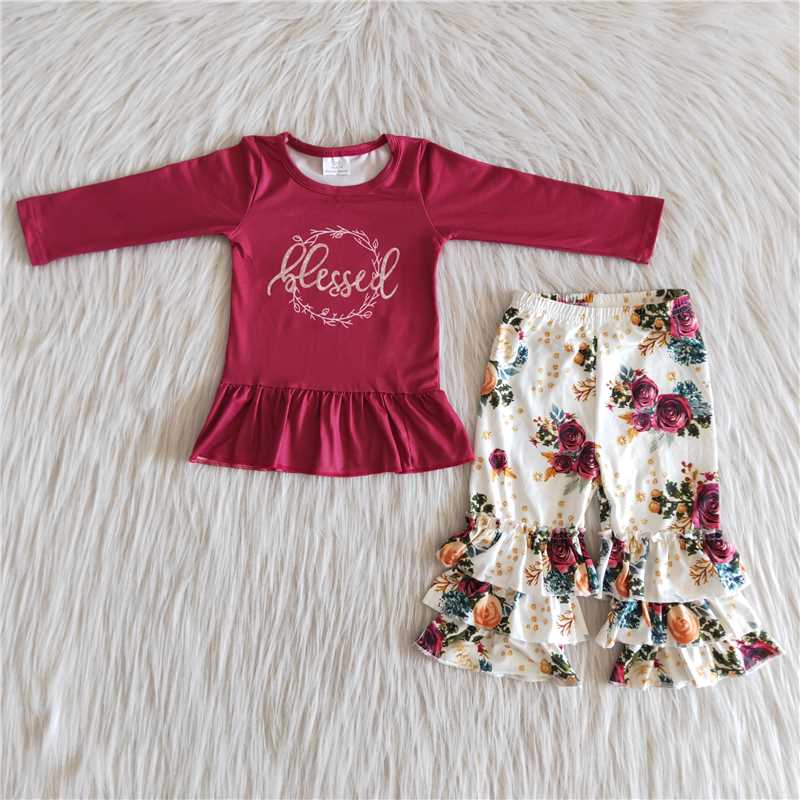 blessed top and flower ruffles pants 2 pieces girls outfits sale kids clothes