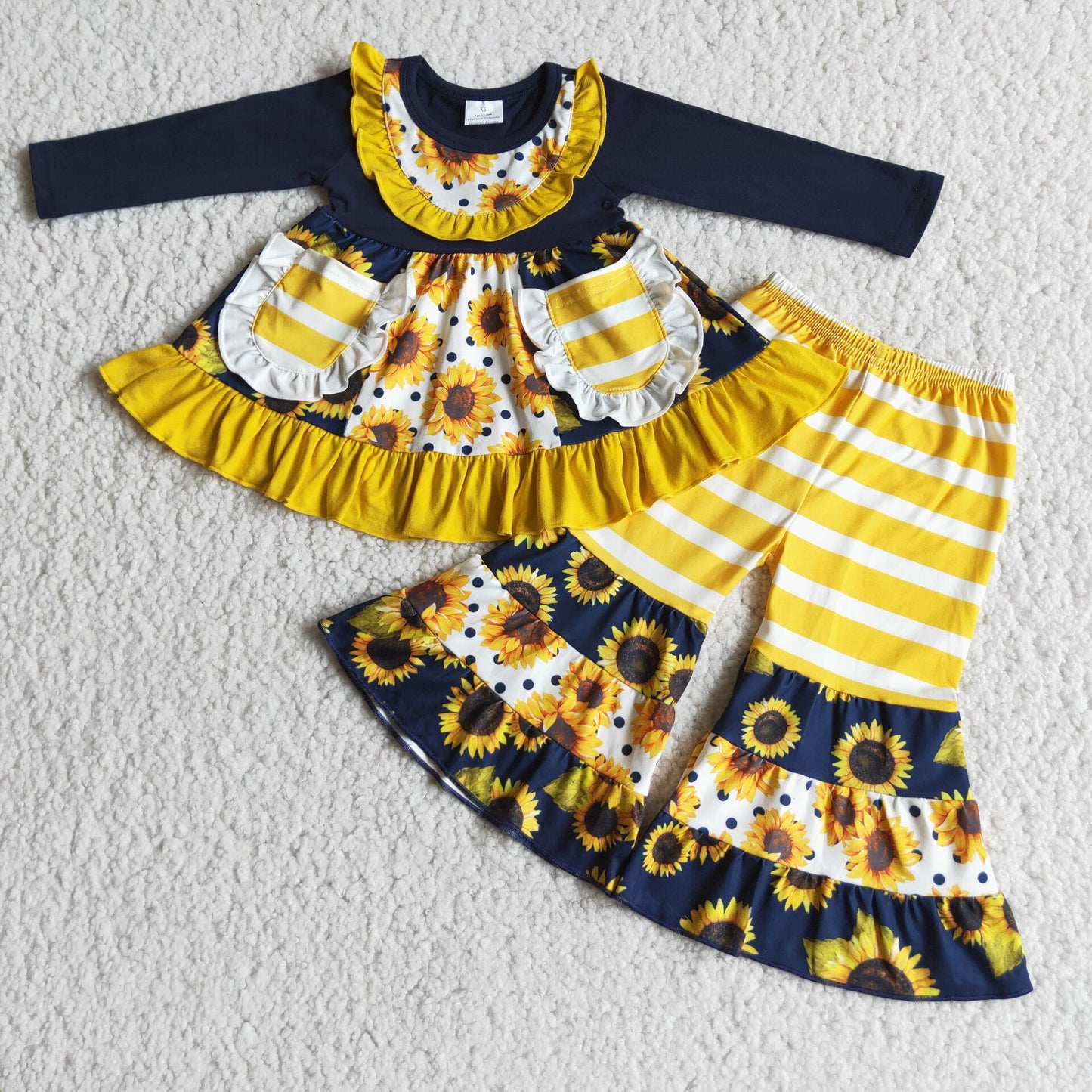 pockets sunflower dress and bell pants 2 pieces girls outfit