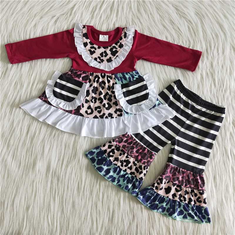 pockets Leopard dress and bell pants 2 pieces suit girls outfit