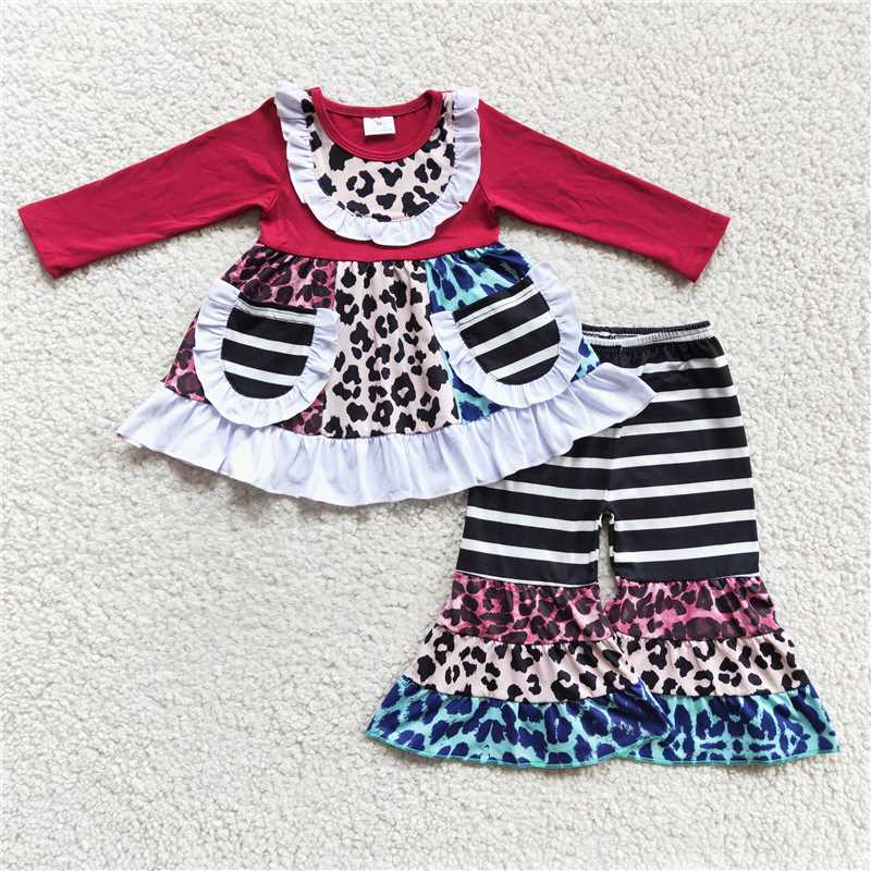 pockets Leopard dress and bell pants 2 pieces suit girls outfit