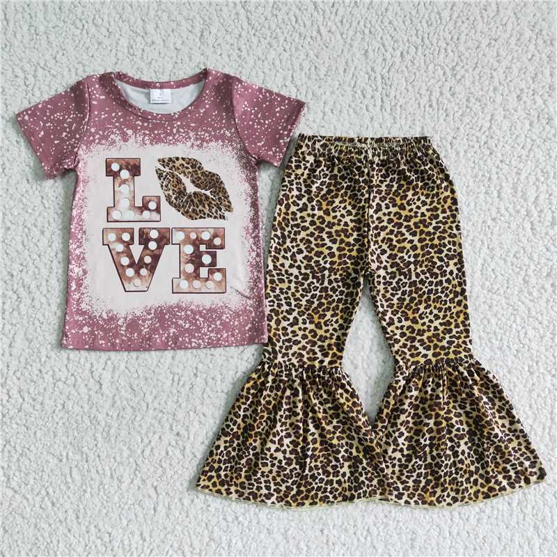 love short sleeve shirt Leopard bell 2 pieces girls sets kids clothes