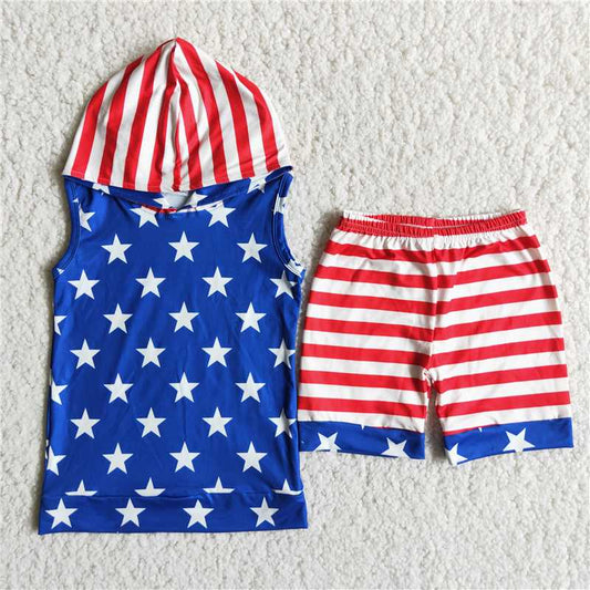 July 4th hooded boys summer sets short sleeve shorts 2 pcs suit