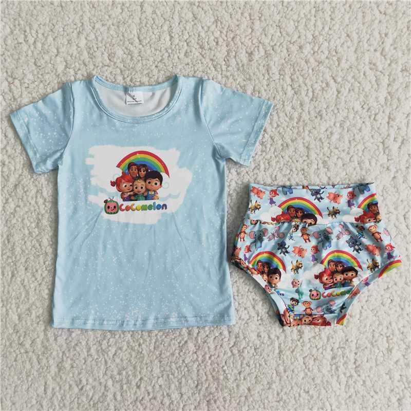 Girls baby bummies sets summer carton blue shirt