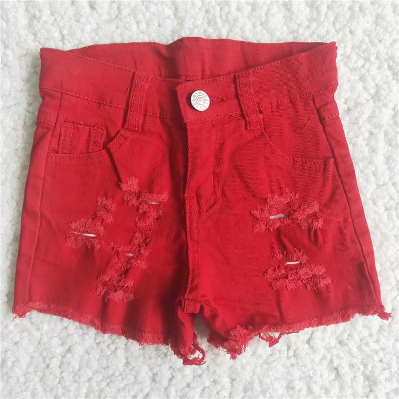 RED solid color cut hole jeans button denim shorts