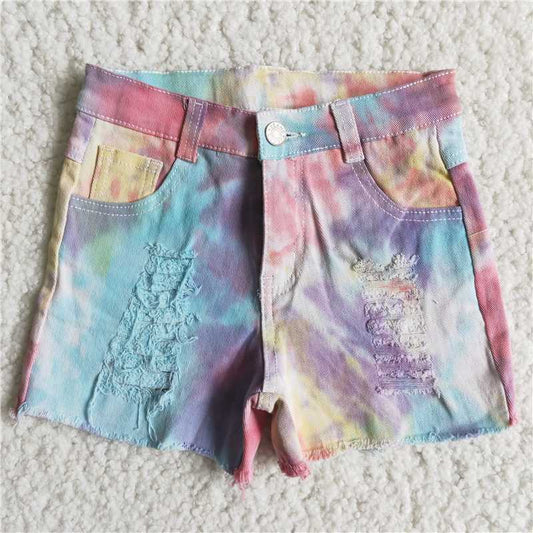 Tie dye cut hole jeans button denim shorts