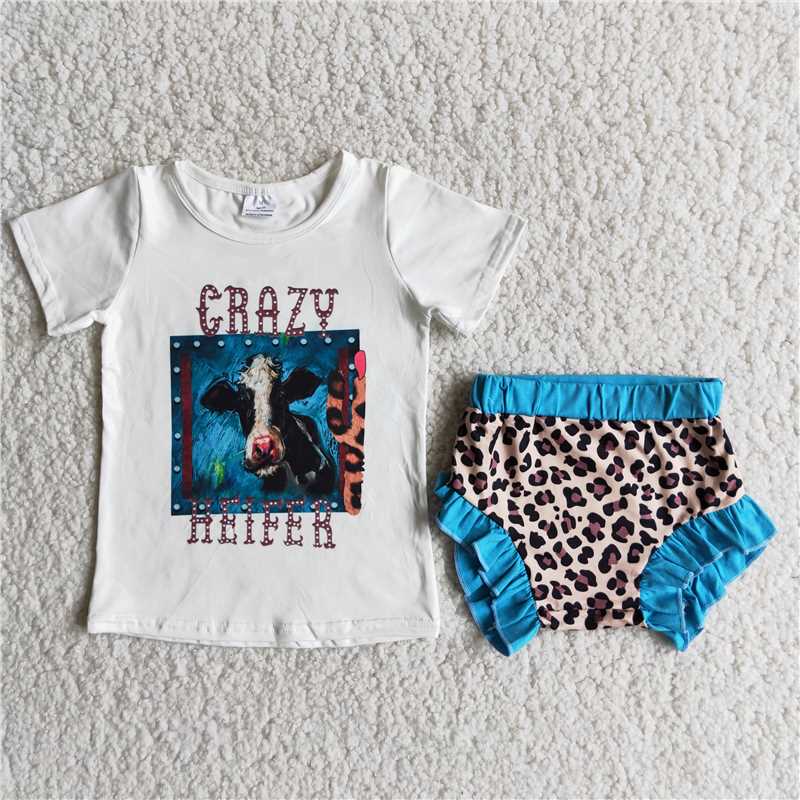 Girls baby bummies sets summer crazy heifer shirt