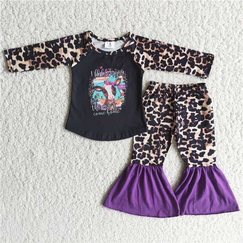 cow top and Leopard bell pants 2 pieces girls outfits kids clothes