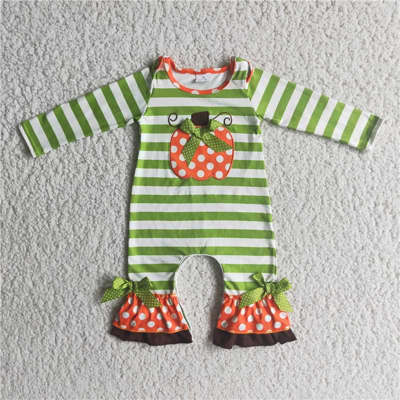 green cute girls baby rompers Pumpkin Stripes