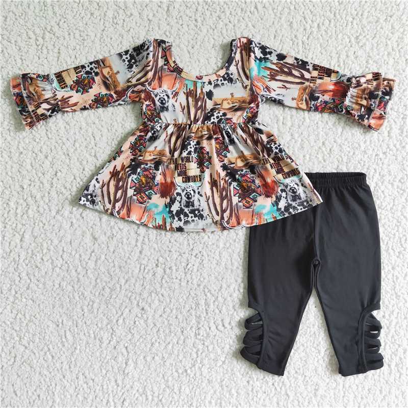 western top black pants 2 pieces girl sets kids clothes