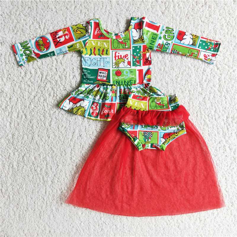 Christmas red mesh tutu girls outfits grinch yarn bummies sets