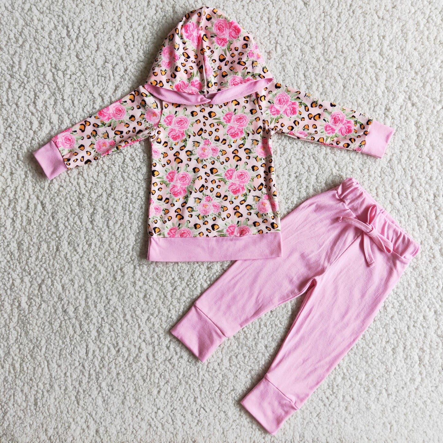 pink flower girls fall winter hooded long sleeve top and long pants set