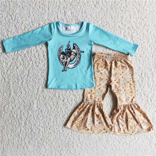 Western top and bell pants 2 pieces girls outfits kids clothes