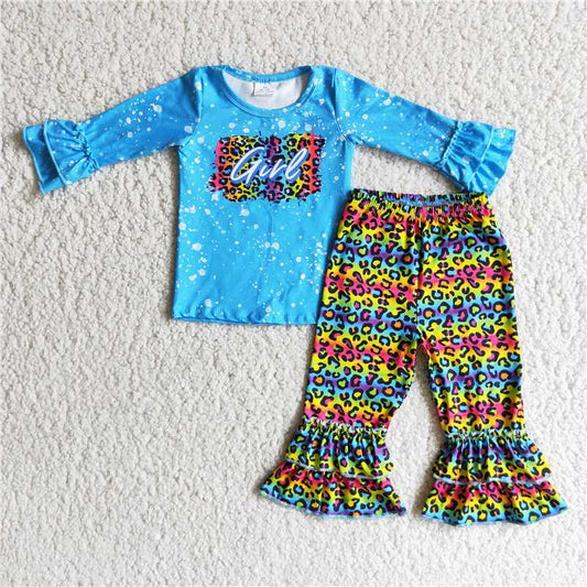 blue top and colorful leopard pants 2 pieces girls outfits kids clothes