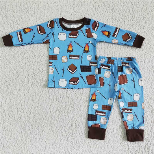 fall flame blue Christmas pajamas suit girls long sleeve pants 2 pieces outfits winter sets