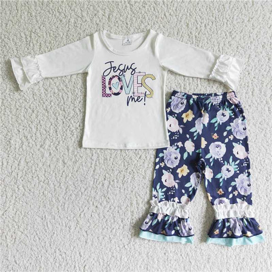 JESUS LOVES ME top and FLOWER pants 2 pieces girls outfits kids clothes