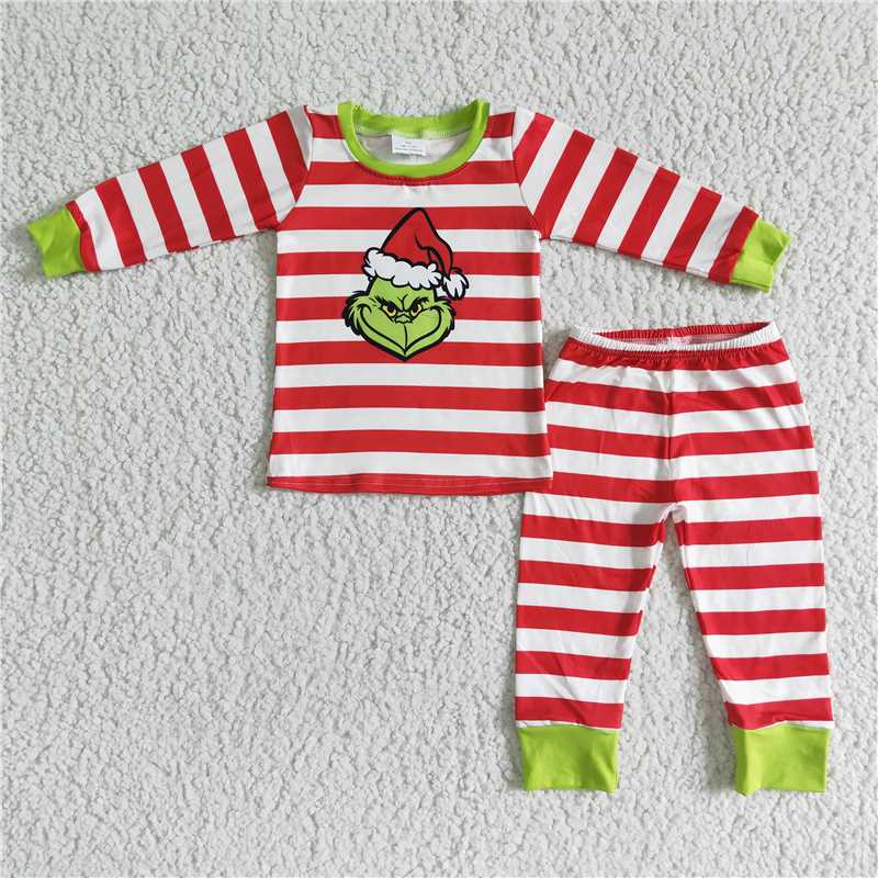 embroidery boys Christmas pajamas red stripes grinch outfits winter sets