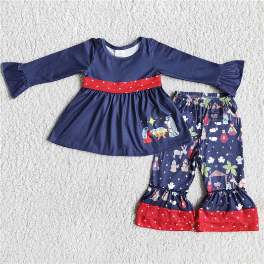 jesus top ruffles pants 2 pieces girl sets kids clothes