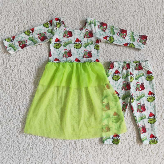 Christmas grils suits green yarn tutu outfits grinch kids clothes