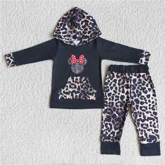 Leopard print girls winter hooded long sleeve top and long pants sets