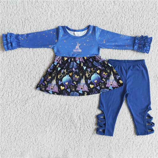 cartoon castle top blue pants 2 pieces girl sets kids clothes