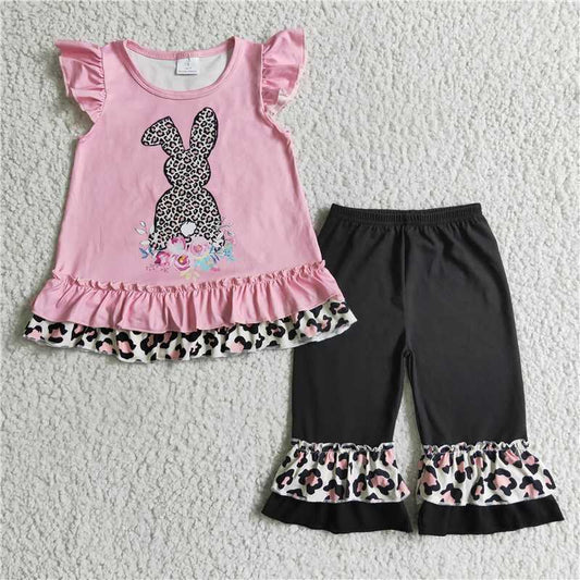 leopard bunny top bell pants easter girls sets kids clothes