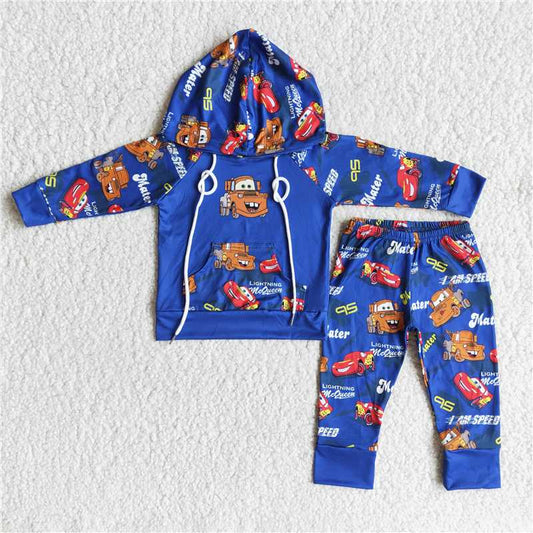 blue racing boys fall winter hooded long sleeve top and long pants sets