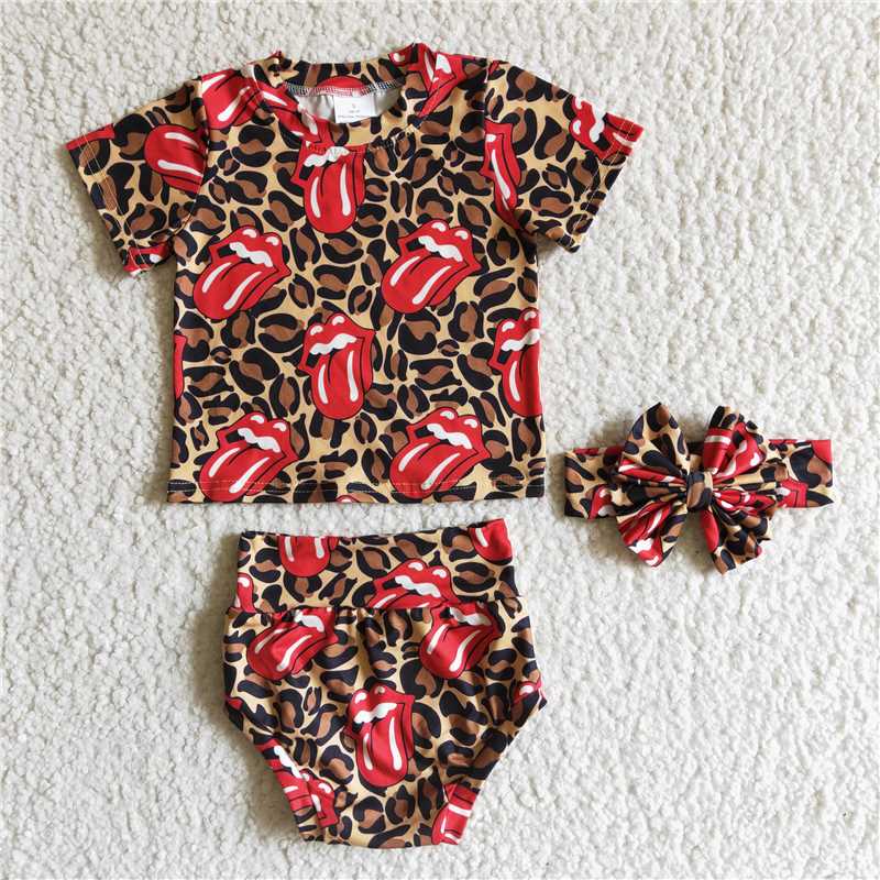 kids Girls bummies sets red tongue leopard print（Bows can purchased separately）