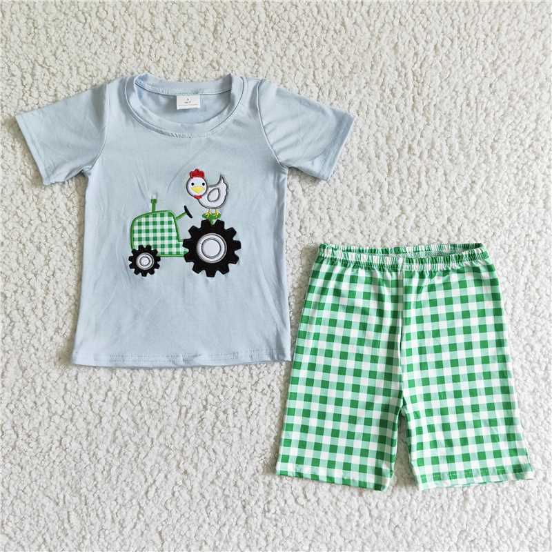 tractor truck and chicken boys summer sets short sleeve shirt and shorts 2 pieces suit