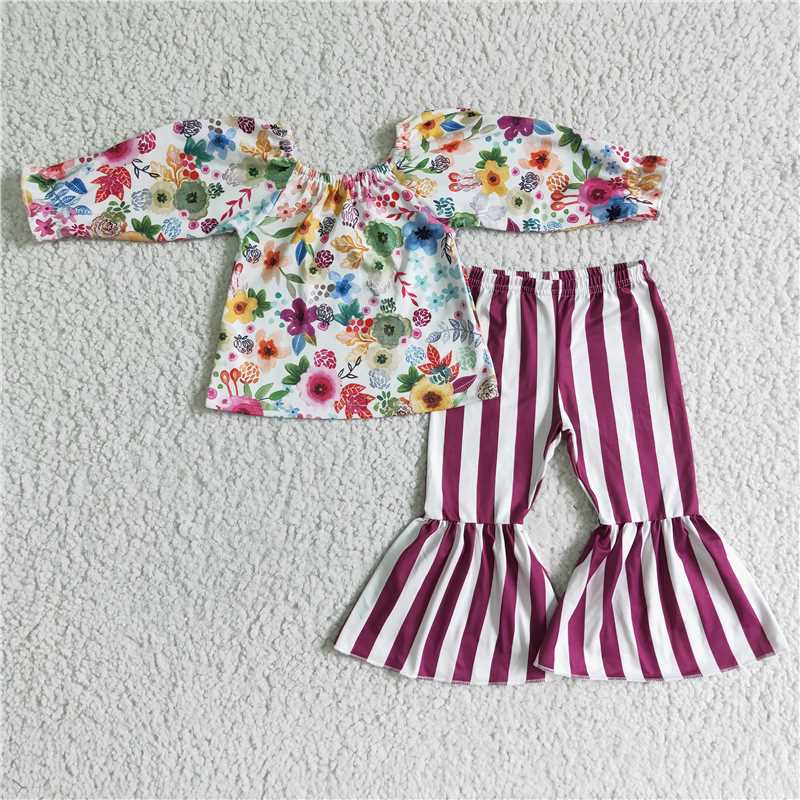 flower top and stripe bell pants 2 pieces girls outfits kids clothes