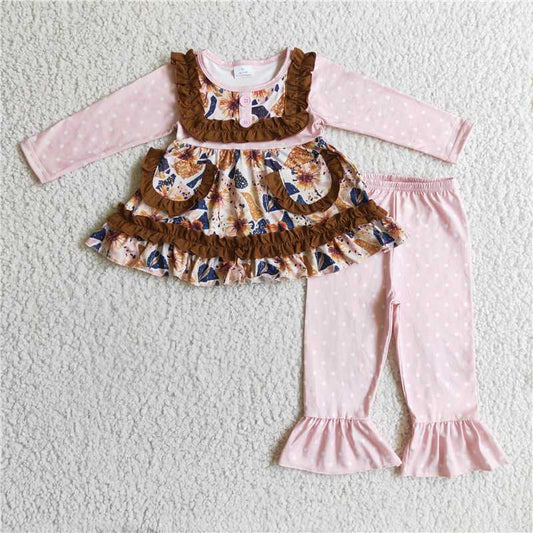 pockets flower dress and pink pants 2 pieces girls outfit