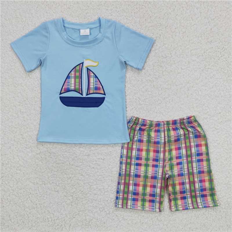 embroidered sailboatr boys summer sets