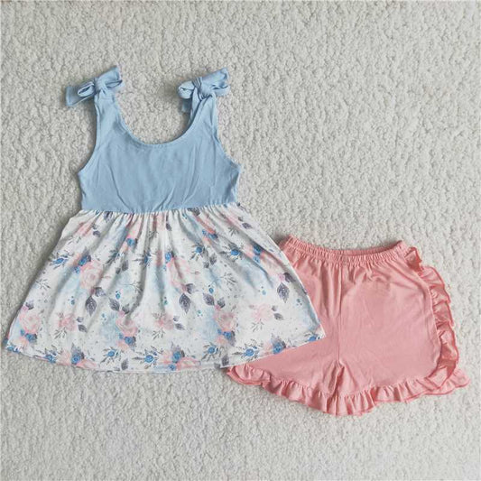 girls blue summer sleeveless dress top sets 2 pieces shorts ootfits