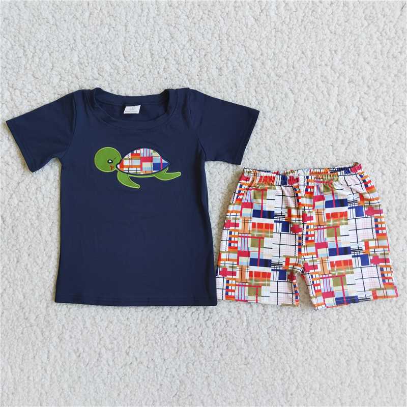 sea turtle embroidery boys summer sets short sleeve shirt 2pcs