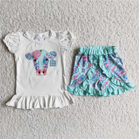 cow summer girls outfits t-shirt & shorts 2pieces sets