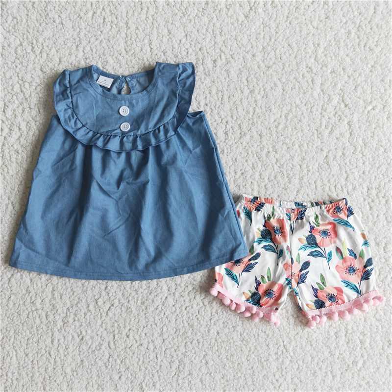 girls summer denim shirt sets 2 pieces flower shorts outfits