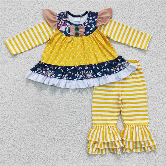 flower top yellow stripes pants 2 pieces girl sets kids clothes