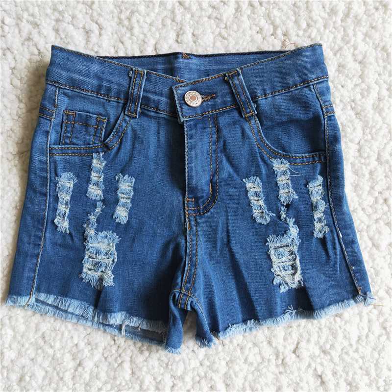 BLUE cut hole jeans button denim shorts