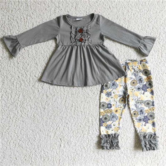 grey cotton top flower pants 2 pieces girl sets kids clothes