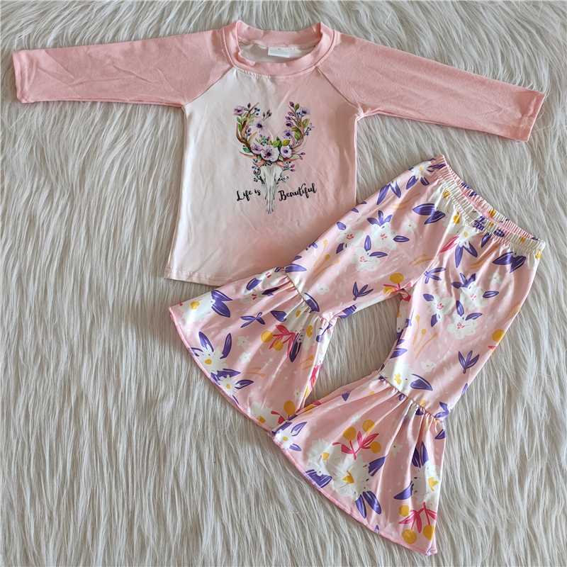 wild top and flower bell pants 2 pieces girls outfits kids clothes