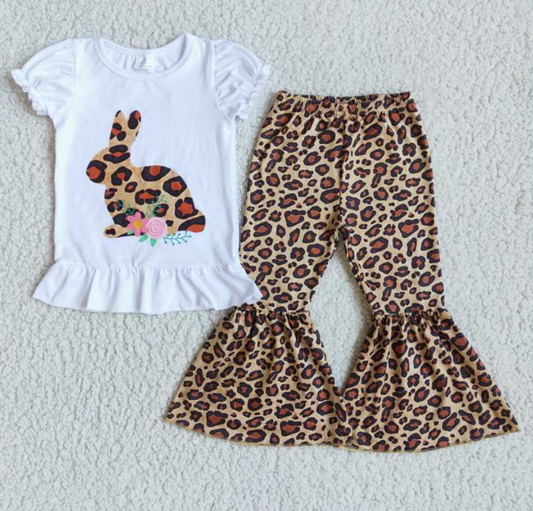 leopard bunny top bell pants easter girls sets kids clothes