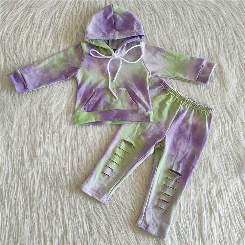 tie dye girls fall winter hooded top & pants set hoodie kids clothes