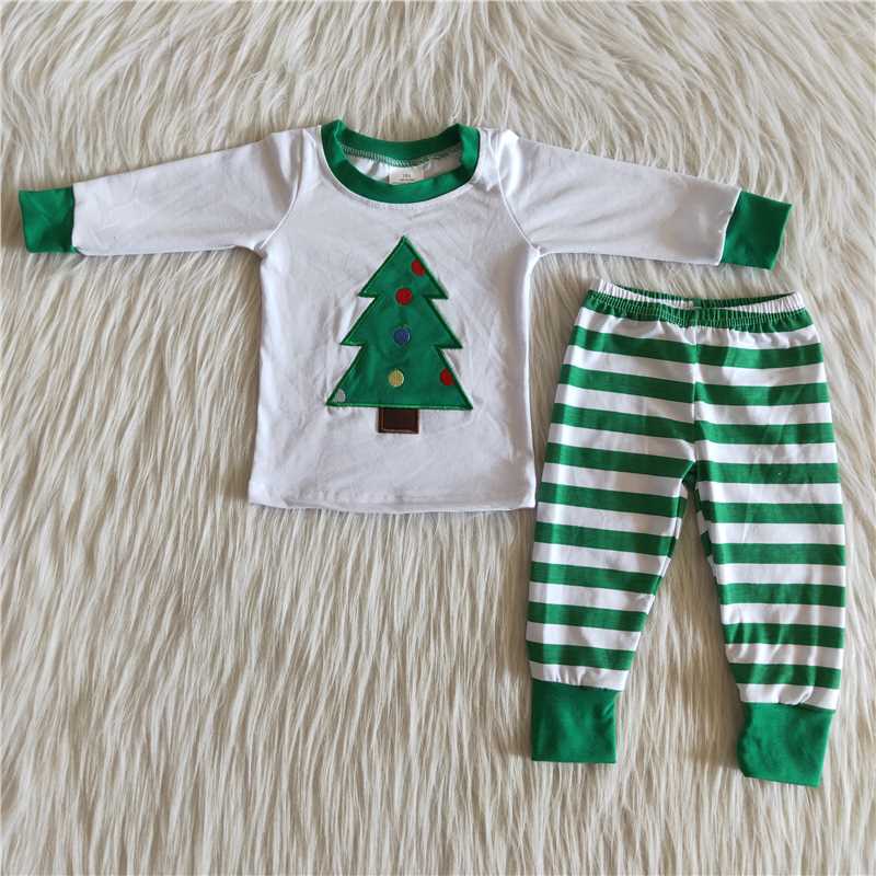 green christmas tree pajamas suit boys long sleeve top & pants 2 pieces outfits fall winter sets