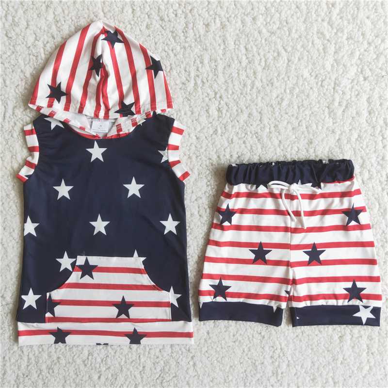 star July 4th hooded boys summer sets short sleeve shorts 2 pcs suit