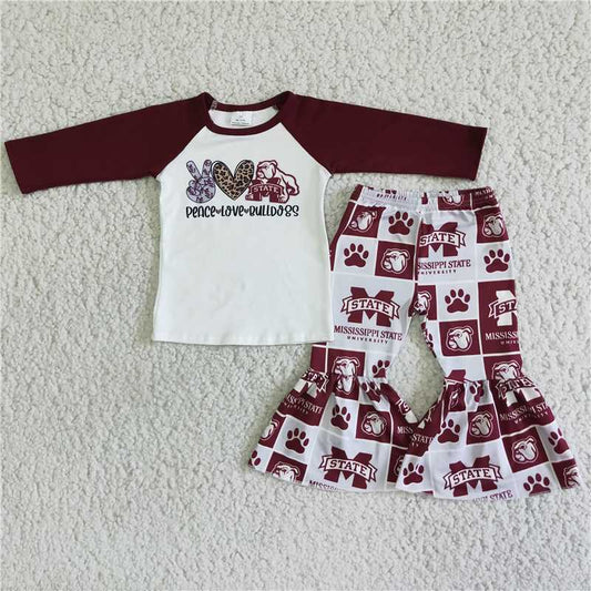 peace love bulldogs top and bell pants 2 pieces girls outfits kids clothes