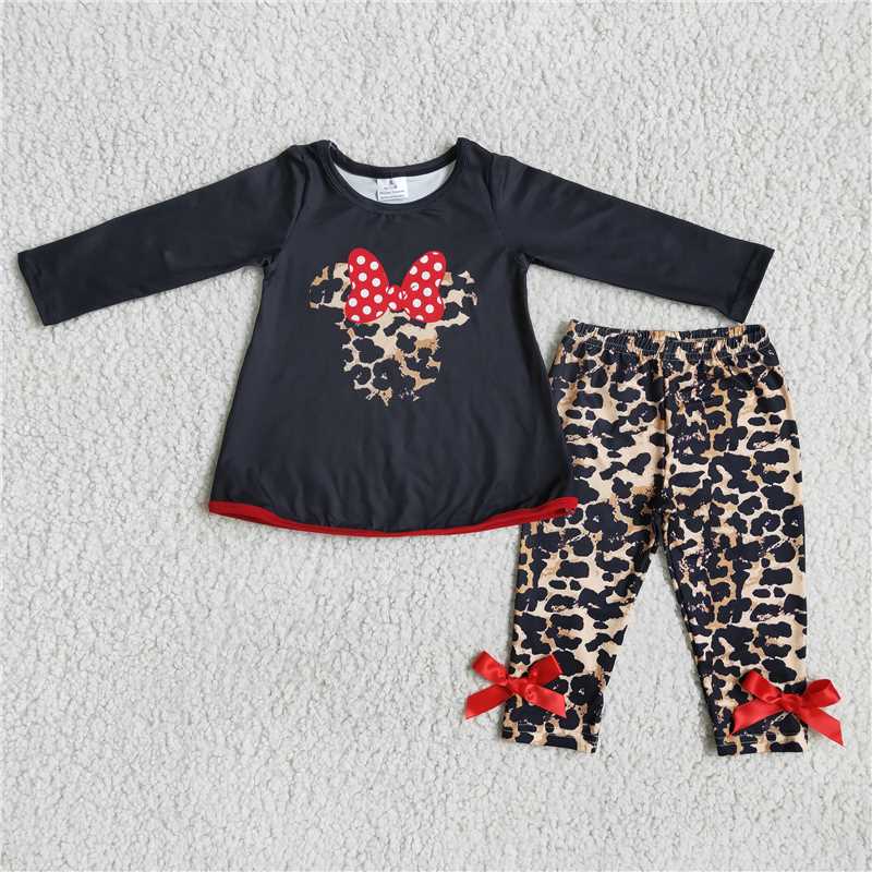 cartoon shirt and leopard pants girls outfits kids clothes