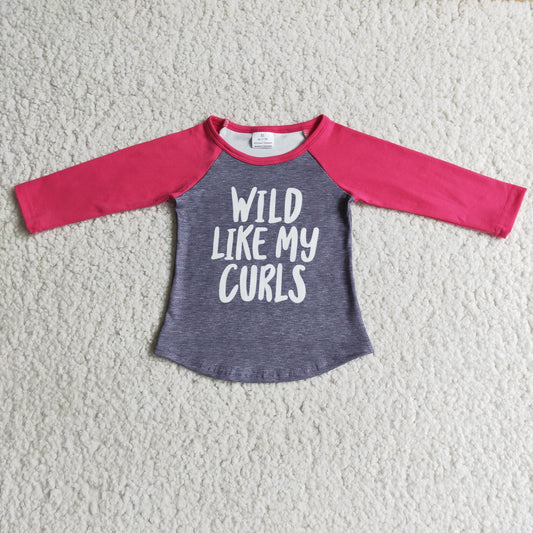 gray girls long sleeve shirt "wild like my curls " tops