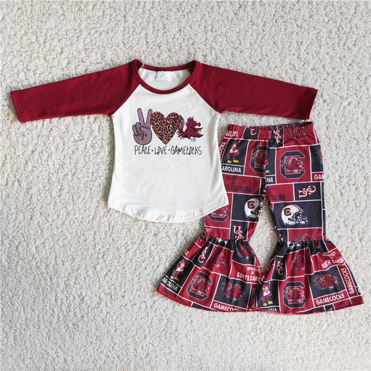 peace love gamecocks top and bell pants 2 pieces girls outfits kids clothes