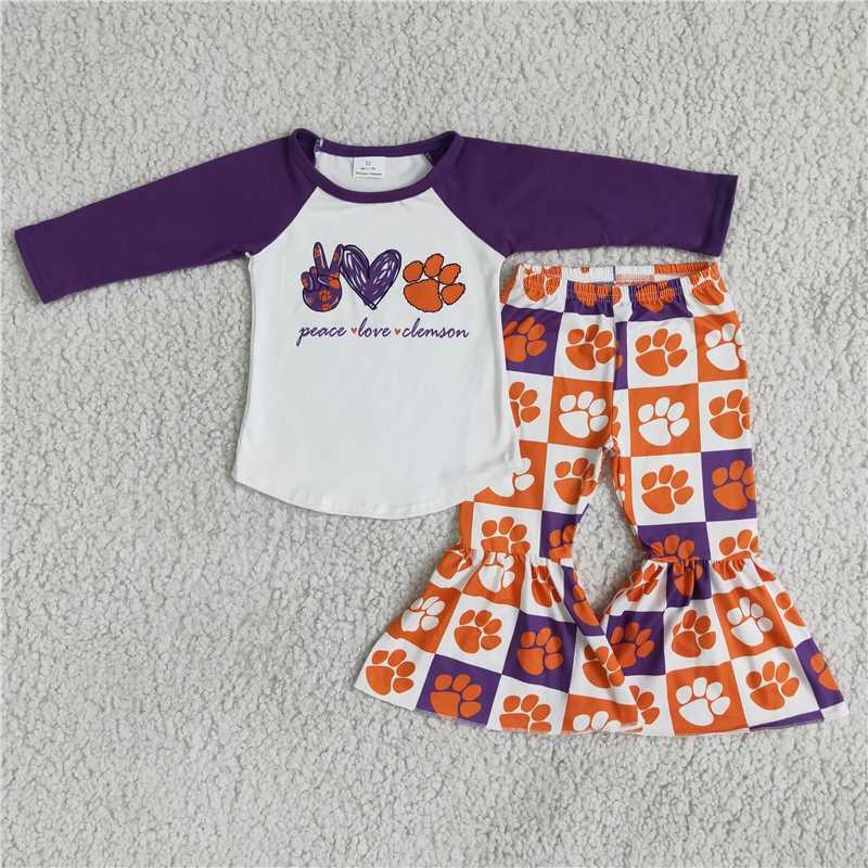 peace love clemson top and bell pants 2 pieces girls outfits kids clothes