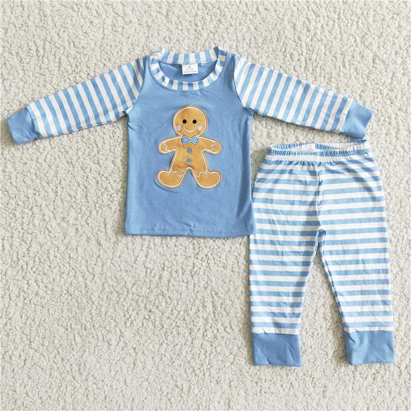 gingerbread christmas pajamas suit boys blue long sleeve top stripe pants 2 pieces outfits winter sets